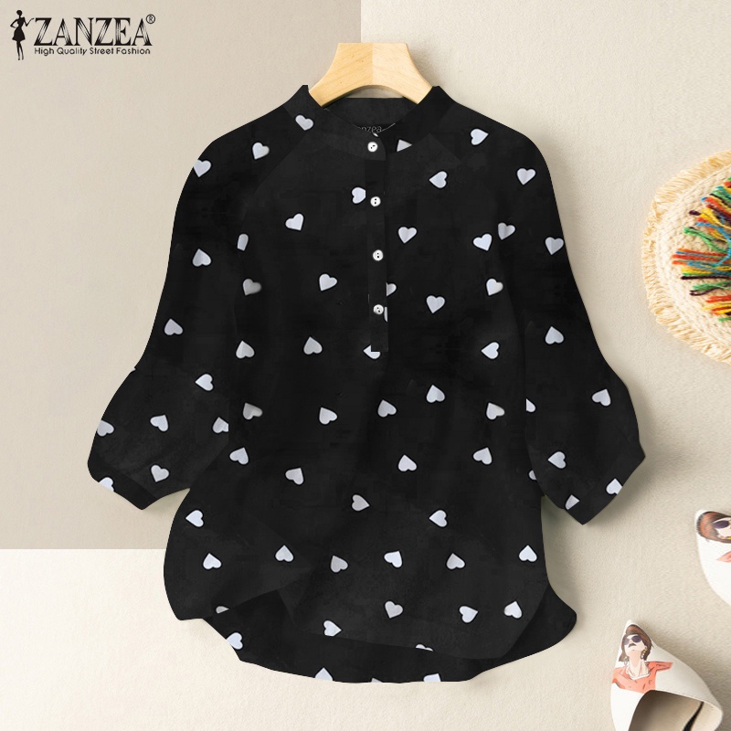 ZANZEA Áo Sơ Mi Cổ Đứng Tay 3/4 Dáng Rộng In Họa Tiết Trái Tim Thời Trang Cho Nữ