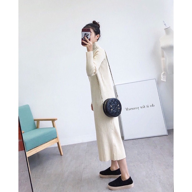 Váy len nữ dáng dài suông đầm len cổ lọ màu đen be nâu basic phom rộng hàng Quảng Châu cao cấp Style Hàn Quốc | BigBuy360 - bigbuy360.vn