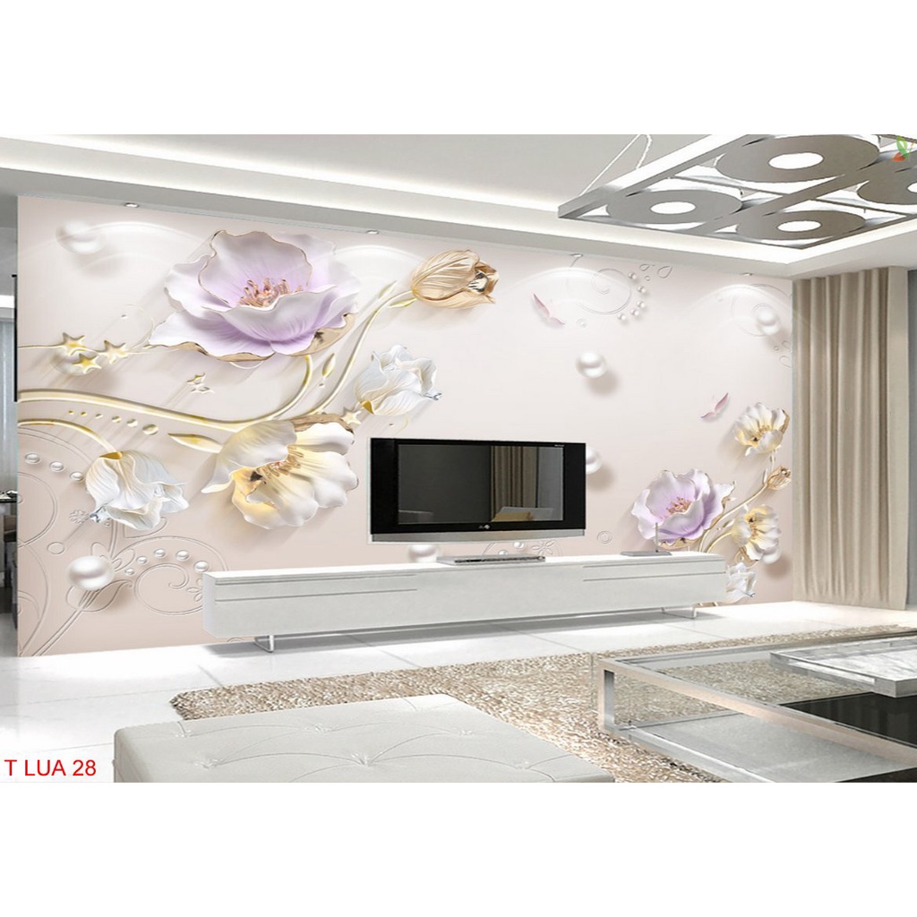 Tranh dán tường 3D trang trí phòng khách các mẫu hoa lụa