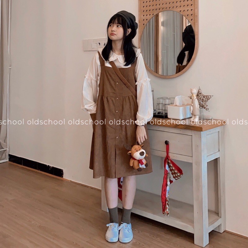 [Ảnh thật] Set yếm nâu babydoll chất nhung tăm kèm áo cổ bèo tiểu thư ulzzang