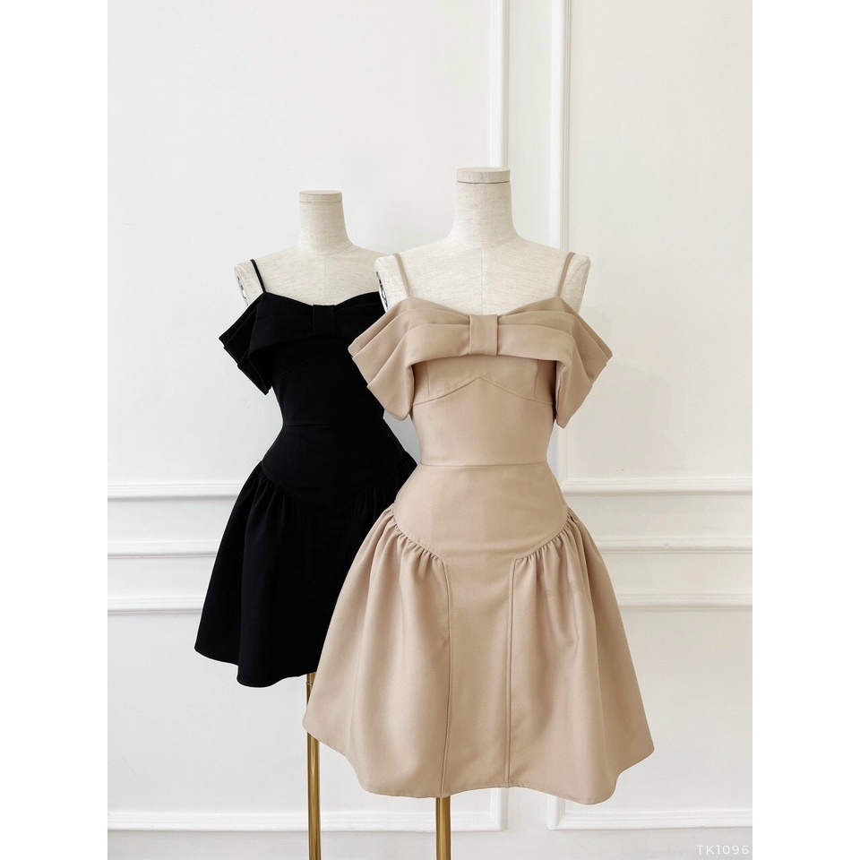 Đầm trễ vai nữ dáng xoè NPSHOP, váy 2 dây ngắn kiểu nơ bản to màu nude, đen NPDAM036