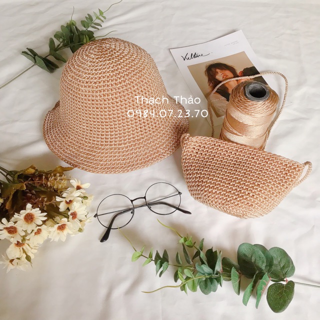 Set túi mũ cho bé bằng sợi thô