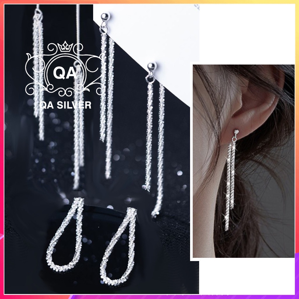 Khuyên tai bạc 925 dài tua sequin bông nữ trước sau front back S925 CHAIN QA Silver Earrings EA220801