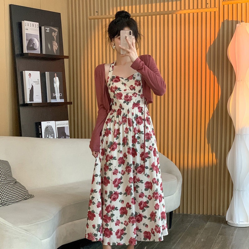 Set Đầm Hai Dây Và Áo Sơ Mi Chống Nắng Phong Cách Retro Pháp