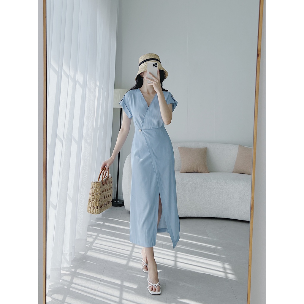 Đầm midi đáp vạt xẻ tà tôn dáng kiểu dáng vintage, váy công sở thiết kế, váy thắt eo đơn giản và tinh tế DRE002-S22