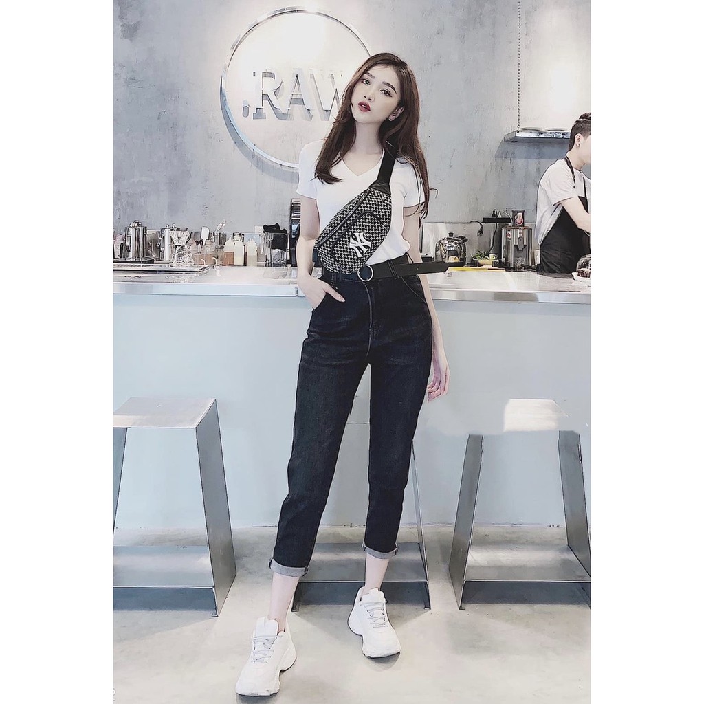 Quần jean nữ dài big size phom baggy rộng lưng cao co dãn mạnh màu đen tuyền 3976