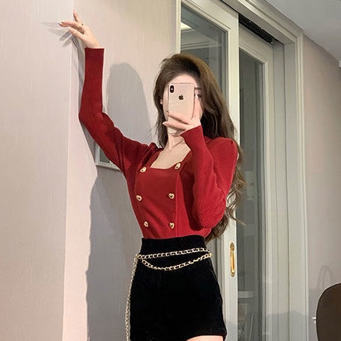 Áo sweater dệt kim cổ vuông phong cách phương Tây thời trang mùa thu cho n
