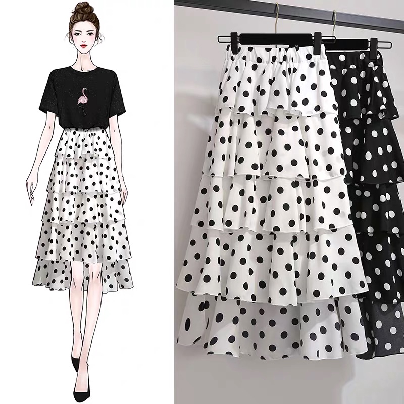Chân Váy Lưng Cao Họa Tiết Chấm Bi Xinh Xắn Cho Nữ