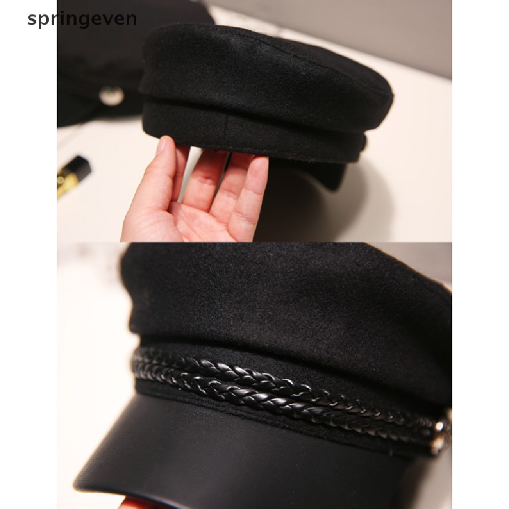 springeven Leather Military Hat  Sailor Hats Flat Top Captain Cap Travel Cadet Hat RFT