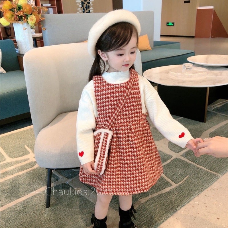 Set váy dạ caro đỏ kèm áo tăm cho bé gái