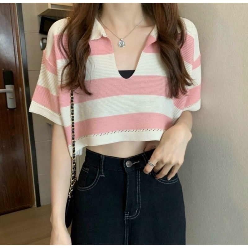 Áo montoghi kẻ cổ bẻ khoét Quảng Châu dáng croptop LEN SỌC