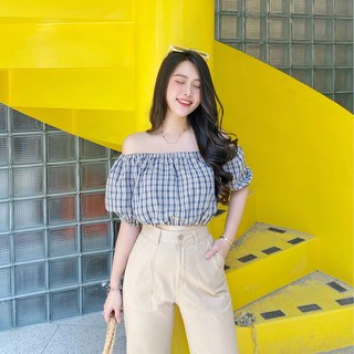 Áo caro trễ vai thắt nơ eo zareen voa61 xanh đậm