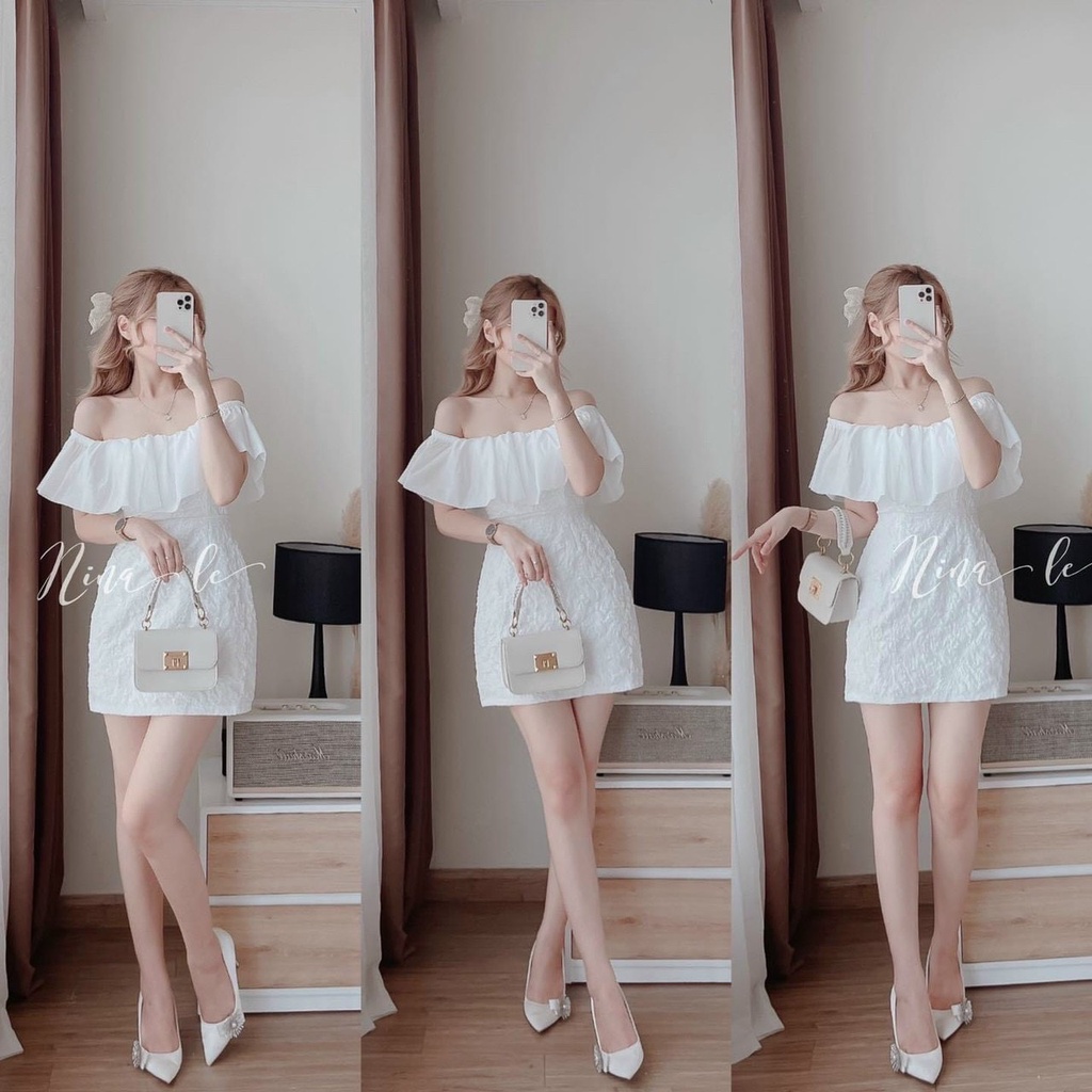 Đầm váy nữ trắng trễ vai xốp phối voan tơ ( đầm có lót , có mút ) tôn dáng trẻ trung sang trọng thanh lịch siêu xinh