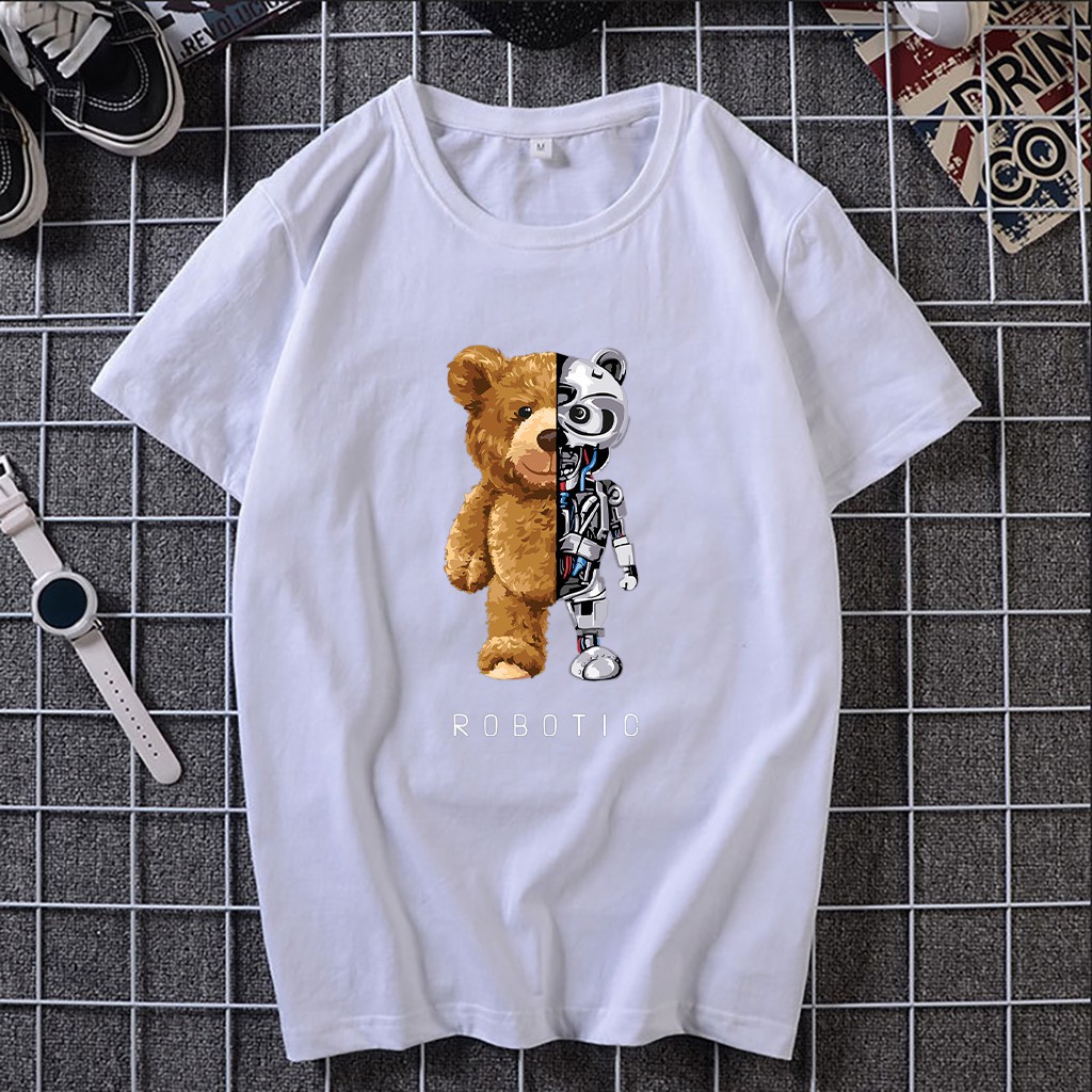 Áo thun unisex ngắn tay không cổ in hình GẤU ROBOTIC hợp thời trang - Bộ sưu tập áo phông gấu moschino cá tính | BigBuy360 - bigbuy360.vn