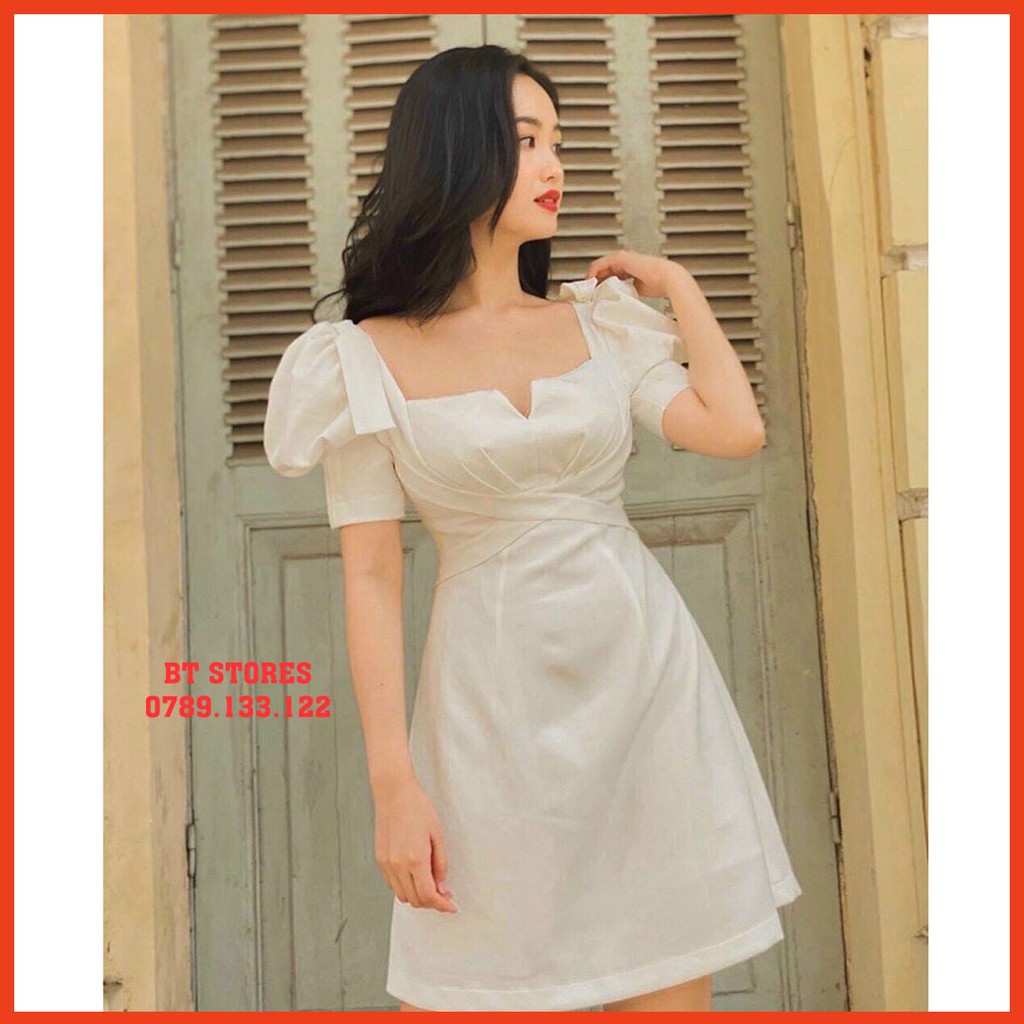 Đầm trắng, xẻ ngực, tay phồng, chất cotton mỹ Deri (BT06)