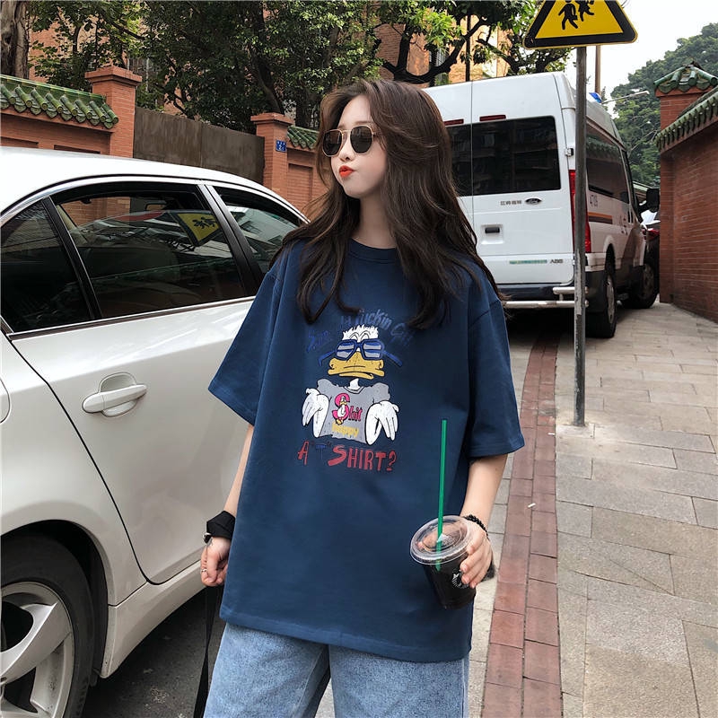 Áo thun cổ tròn ngắn tay dáng rộng in họa tiết size lớn phong cách Hàn Quốc thời trang mùa hè  cho nữ