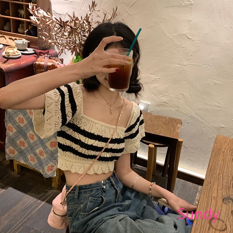 Áo Croptop Trễ Vai Cổ Vuông Họa Tiết Kẻ Sọc Thời Trang Mùa Hè Ngọt Ngào Cho Nữ