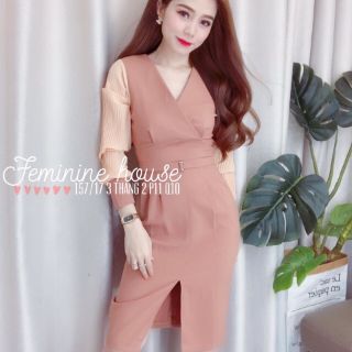 đầm cổ V tay phối lưới