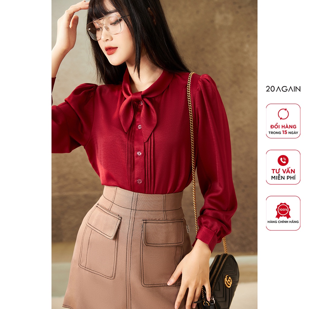 Áo sơ mi nữ dài tay nơ cổ 20AGAIN, tay bồng, gấp ly thân trước ASW0528 | BigBuy360 - bigbuy360.vn