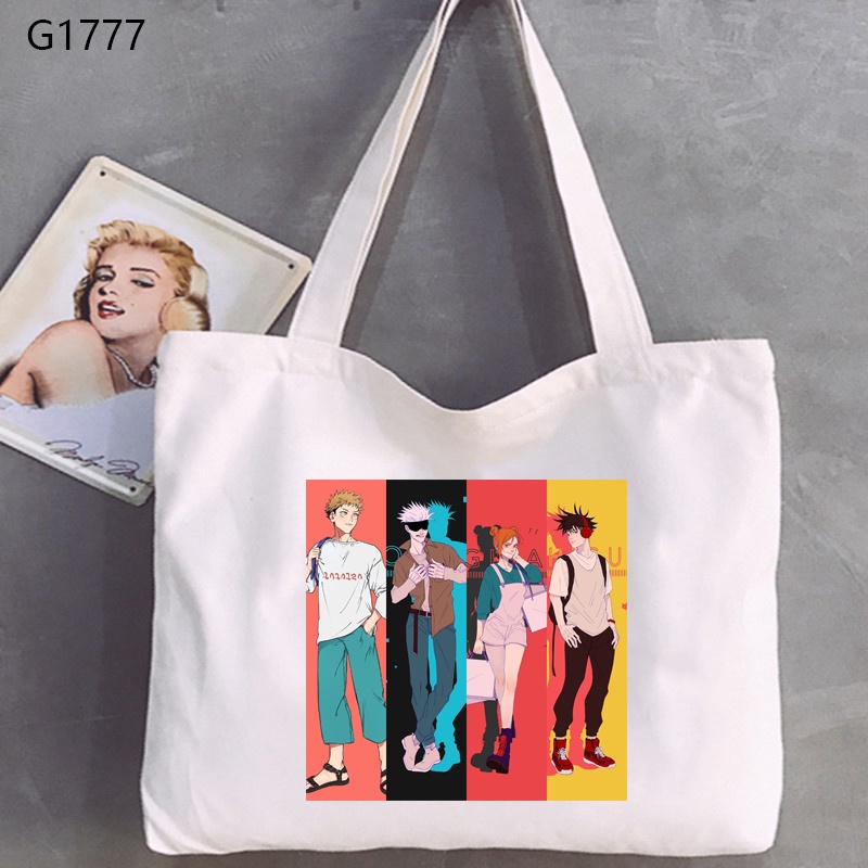 Anime Nhật Bản Jujutsu Kaisen Họa Tiết Túi Đeo Vai Thời Trang Màu Trắng Ngang Dây Kéo Túi Vải