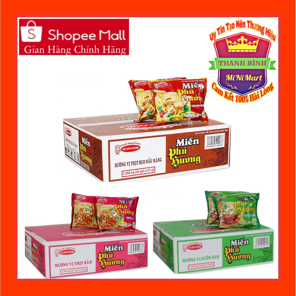 Thùng 24gói Miến Phú Hương 4vị (Sườn Heo ,Thịt Bằm ,Heo nấu Măng ,Vị Gà)