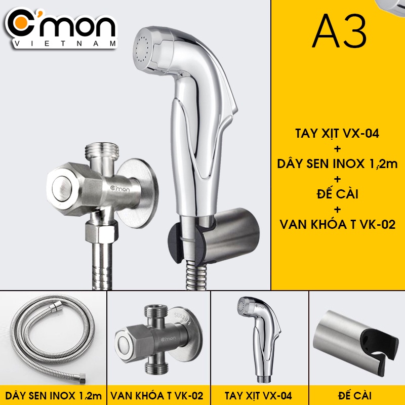 Bộ vòi xịt vệ sinh cao cấp C'mon VX-04 + Van khóa T C'mon VK-02-T