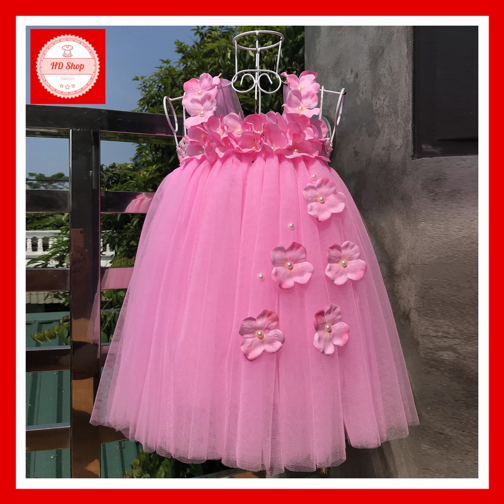 Váy cho bé, váy công chúa hồng phấn tú cầu 2 quai cho bé gái 1 tháng đến 7 tuổi