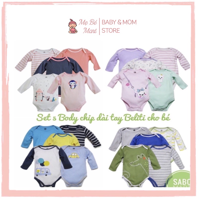 [ Chọn Mẫu] Set 5 Body Dài Tay Beliti Cotton Mềm Mại Kèm Móc Xuất Mỹ Cho Bé