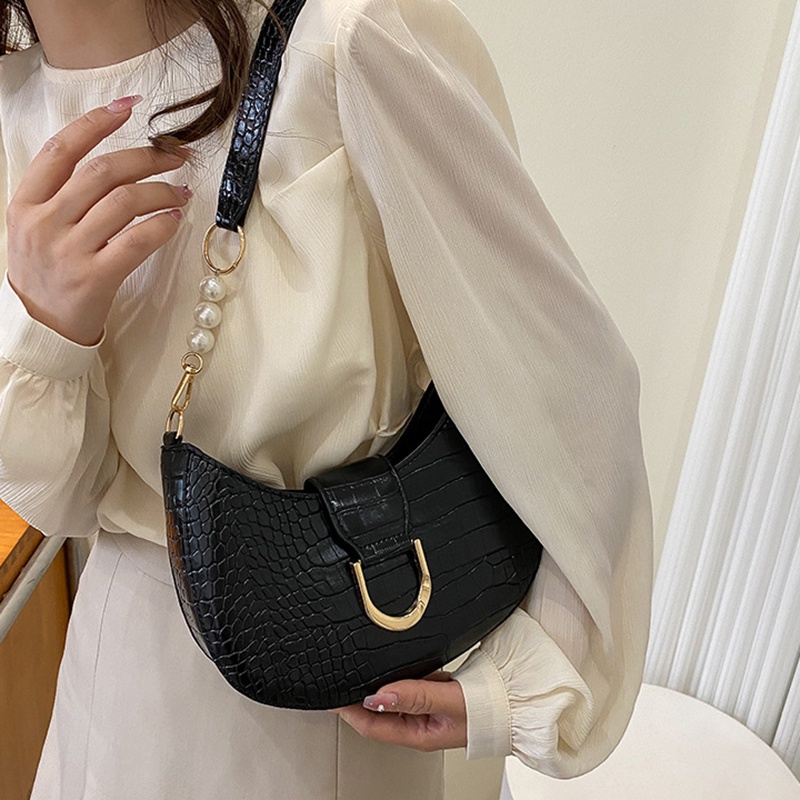 IELGY Túi Đeo Vai Hình Tròn In Họa Tiết Da Cá Sấu Đính Ngọc Trai Giả Thời Trang Cho Nữ