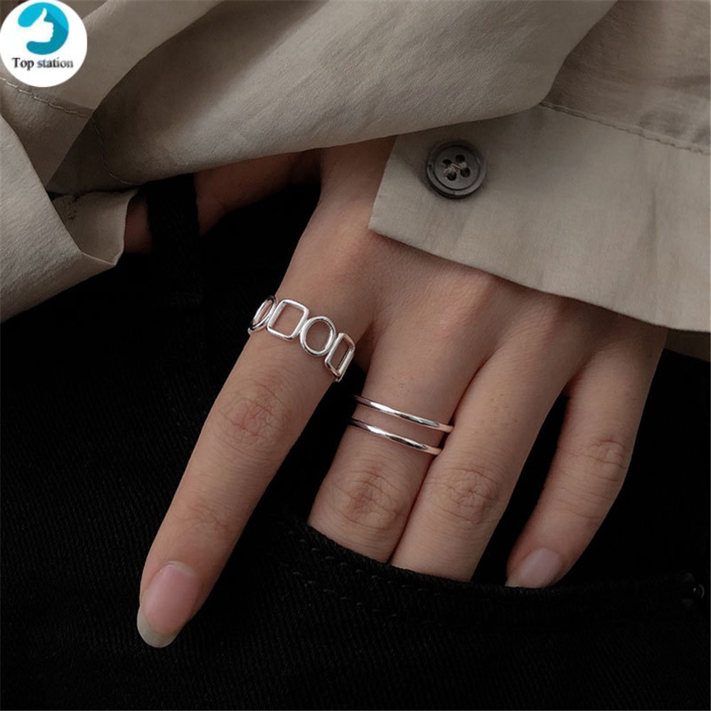 Set 2 Nhẫn Mạ Bạc Hai Lớp Đơn Giản Thời Trang Cho Nữ