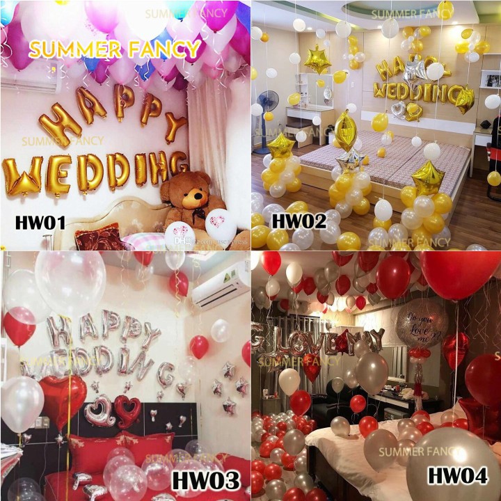 Set chữ HAPPY WEDDING + phụ kiện + TẶNG bơm keo, trang trí phòng cưới tông màu vàng trắng