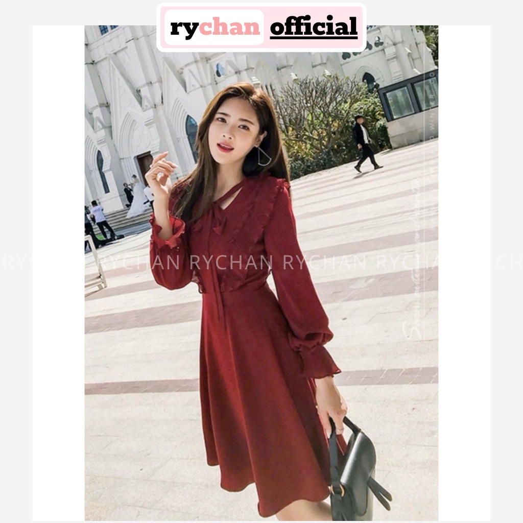 Đầm Xòe Đỏ Rượu Nơ Cổ Tay Dài - DX943