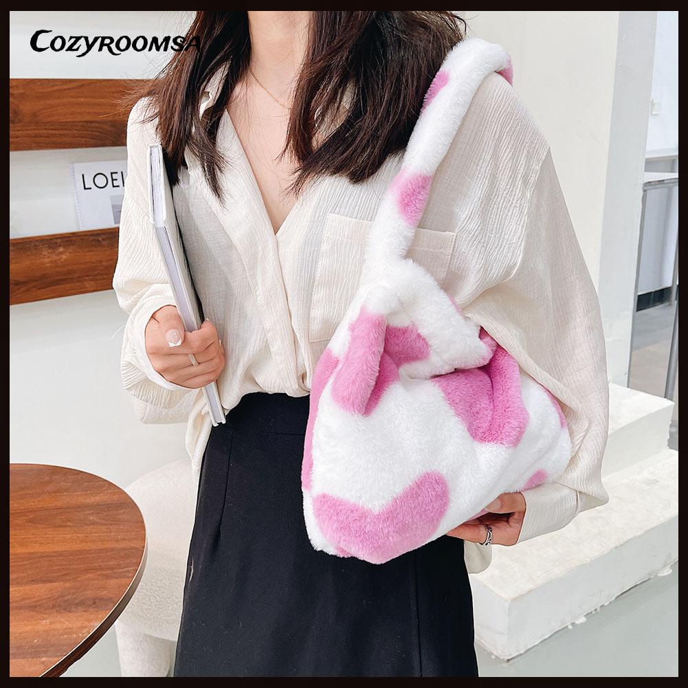 Túi xách tích hợp túi đeo vai phủ vải lông họa tiết da báo / trái tim thời trang thu đông cho nữ