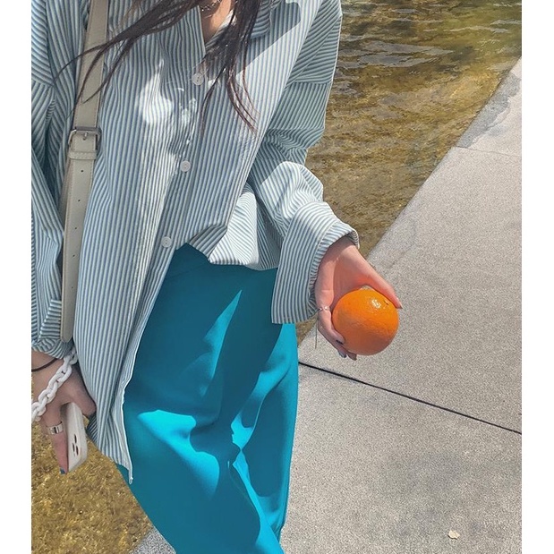 Set Áo Sơ Mi Kẻ Sọc Xanh Dương Phối Chân Váy Xẻ Tà Lưng Cao Thời Trang Hàn Quốc Cá Tính Cho Nữ