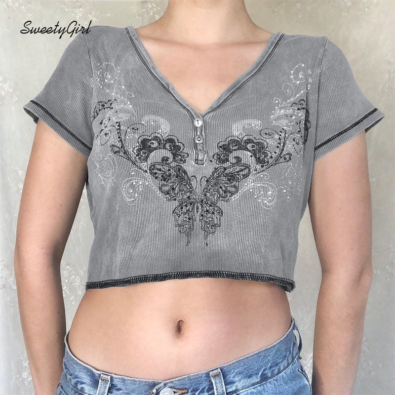 Áo Croptop Ngắn Tay Cổ Chữ V In Họa Tiết Bướm Thời Trang Đường Phố Dành Cho Nữ