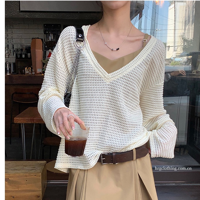 Áo ZHELIHANGFEI vải dệt kim tay dài cổ chữ V dáng rộng quyến rũ dễ phối đồ