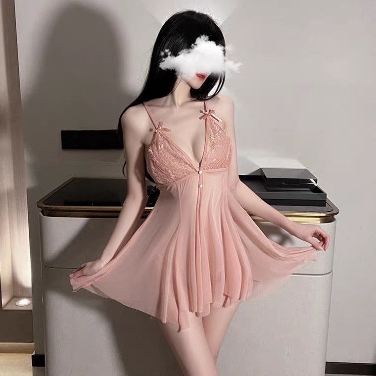 Váy ngủ voan mỏng phối ren ngực xuyên thấu sexy có hàng cúc giữa gợi cảm THE CELYNBRA - V34