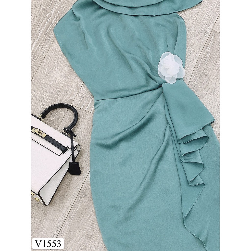 Váy xanh ngọc lệch vai eo nhún hoa V1553 - ĐẸP SHOP DVC 👗