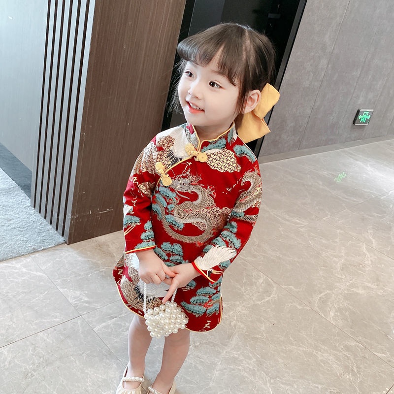 Đầm Sườn Xám Tay Dài Phong Cách Trung Hoa Thời Trang Mùa Thu Cho Bé Gái