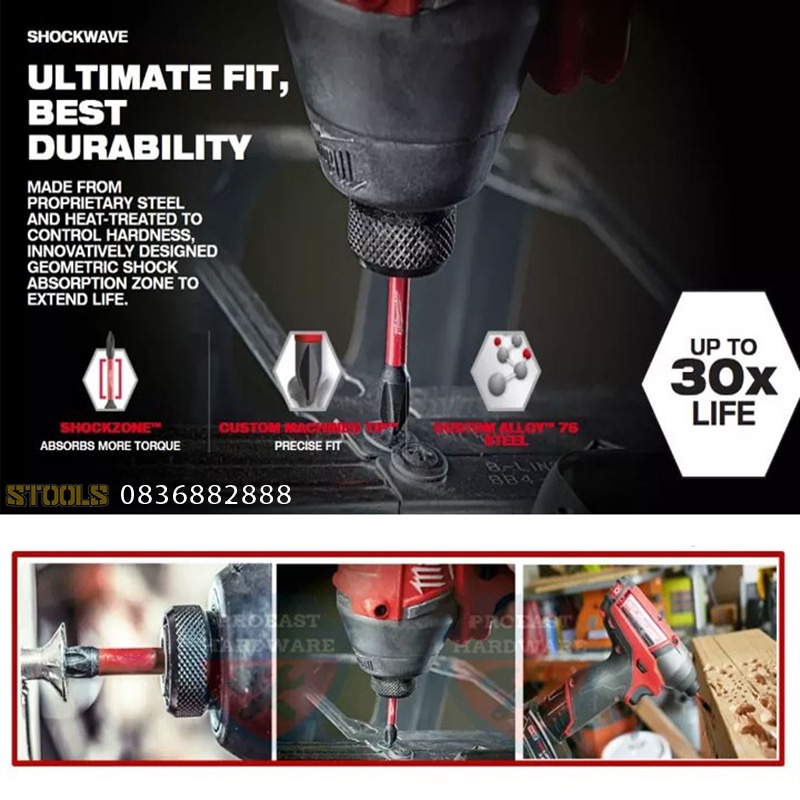 Mũi bắt vít hai đầu dài 65mm Milwaukee chính hãng Mỹ siêu bền, mũi vít PH2 2 đầu 4 cạnh bake nam châm từ siêu cứng