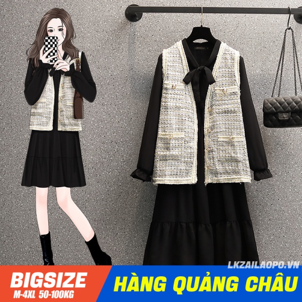 BIGSIZE(45-100KG)Set Bộ đồ nữ đi chơi Áo gile Kết Hợp Đầm đen tay dài - phong cách nhật bản - cho người mập béo
