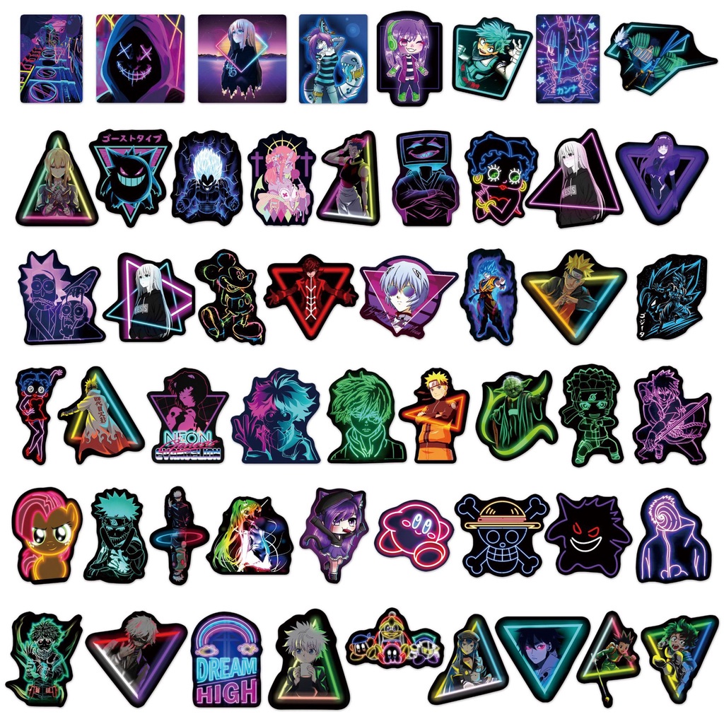 Set 50/25/10 Sticker Họa Tiết Anime Màu Neon Chống Thấm Nước Dùng Để Trang Trí Điện Thoại / Laptop