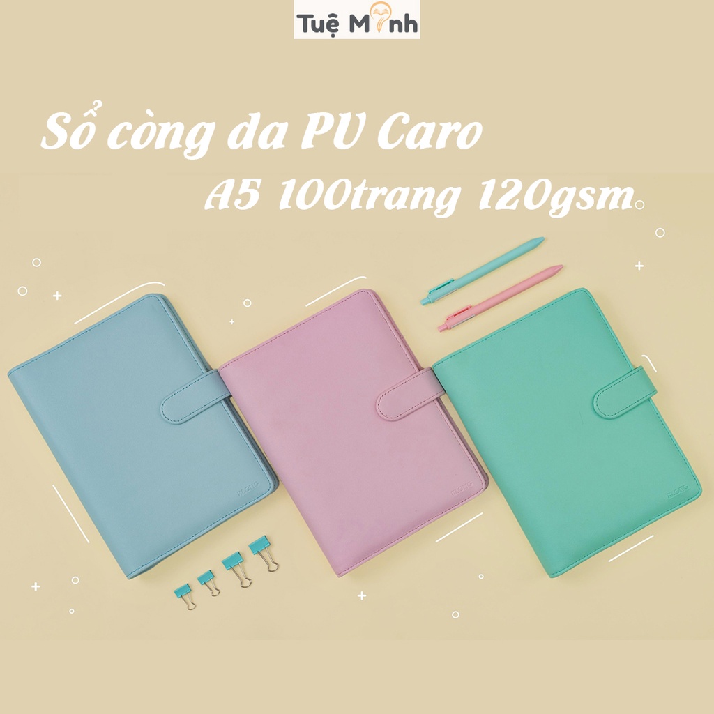 Sổ còng Klong bìa da PU Caro 5x5 A5 100 trang VPP Tuệ Minh MS 992 bìa Pastel File Binder bullet journal cao cấp