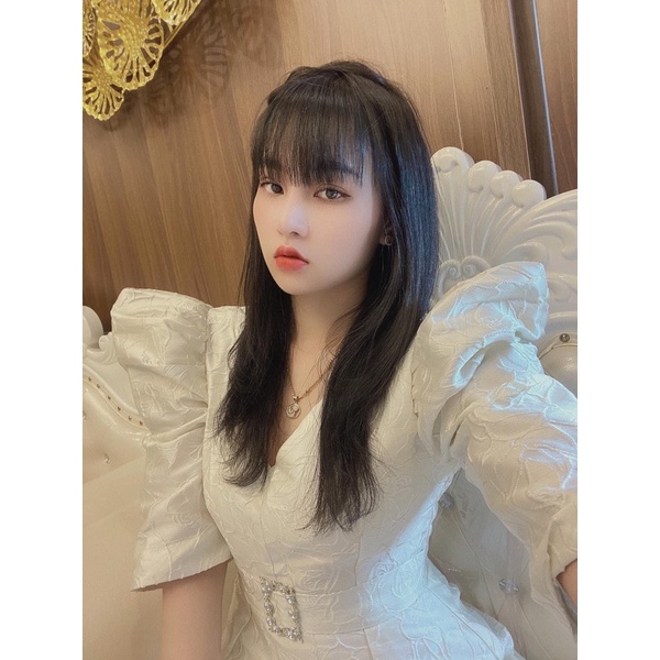 V1207 Váy gấm tay bồng khuy đá