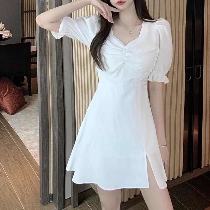 Đầm Cổ Vuông Xẻ Tà Phong Cách Pháp Mẫu Mới Ngọt Ngào Thời Trang Mùa Hè Cho Nữ