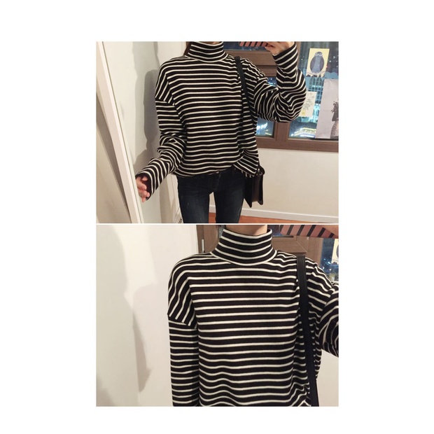 Áo thun DIDIKA tay dài cổ cao form rộng họa tiết kẻ sọc phong cách Preppy thời trang mùa xuân mới cho nữ