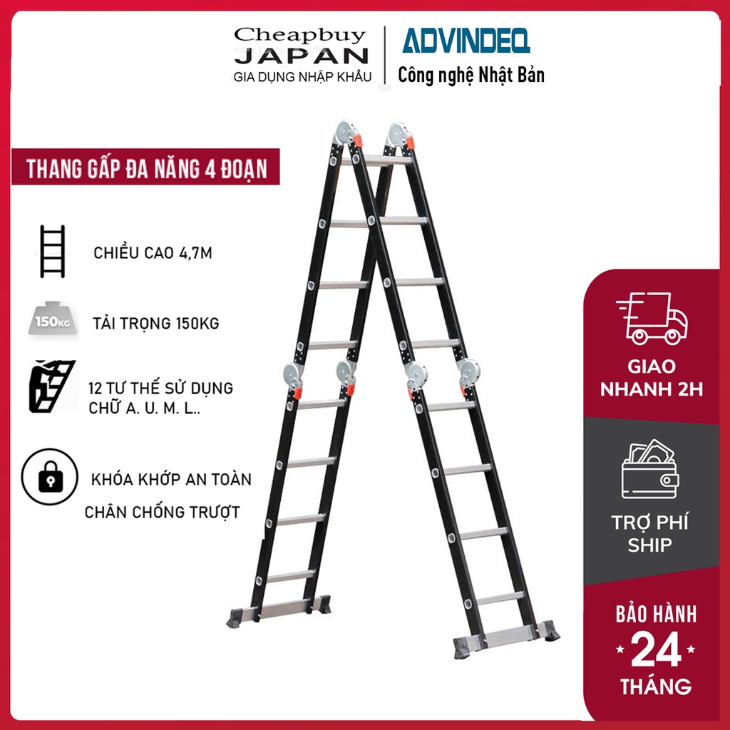 Thang nhôm gấp 4 đoạn 3.5m-4.7m nhập khẩu ADVINDEQ, thang nhôm chữ xếp gọn 4 khúc đa năng gia đình aluminum,khóa tự động