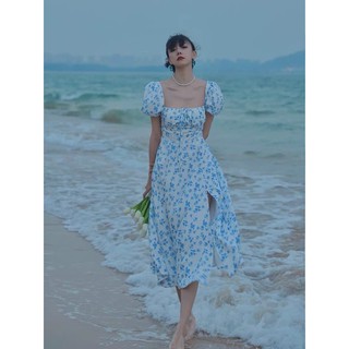Đầm hoa xanh midi nhíu ngực xẻ đùi