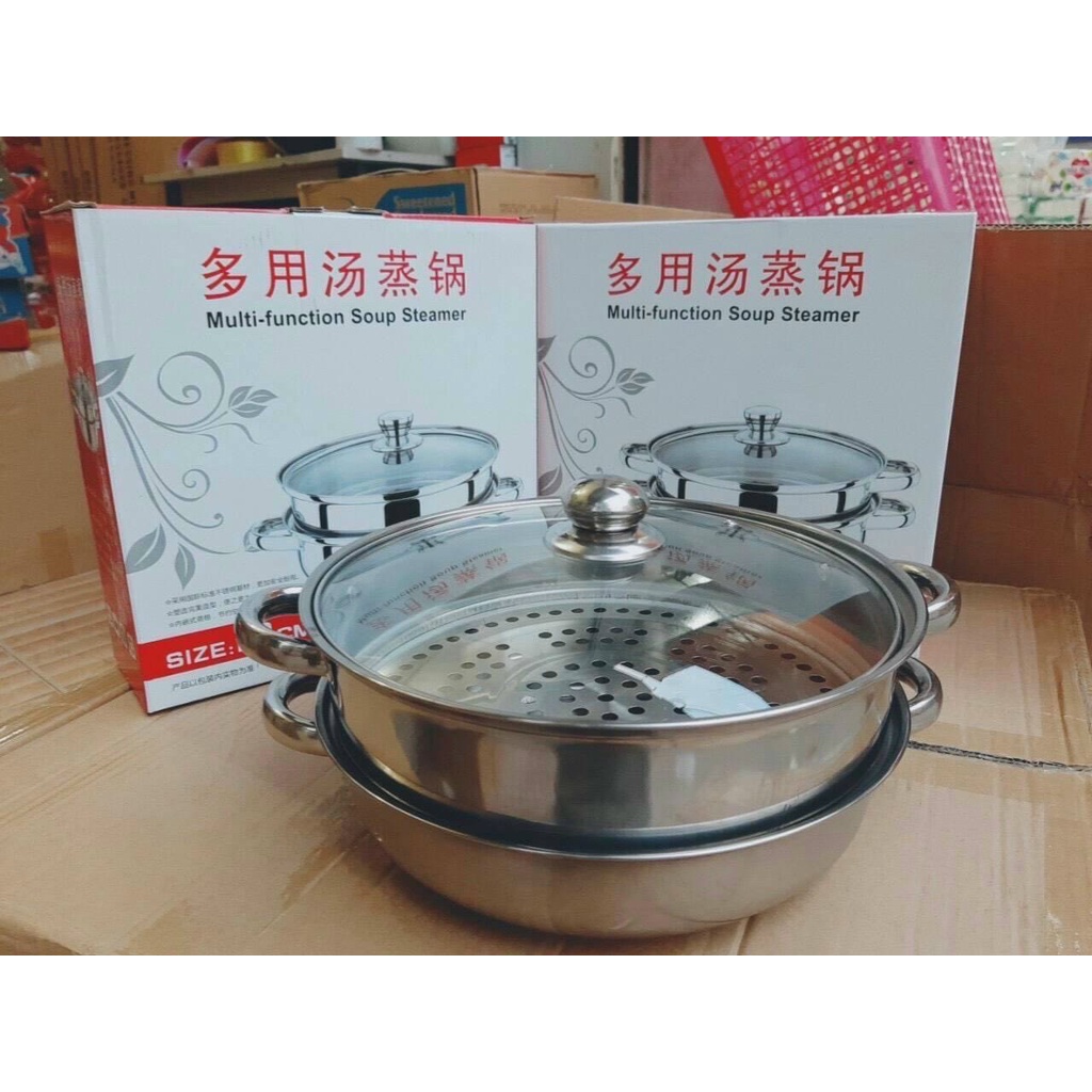 Nồi hấp inox 2 tầng đa năng cao cấp siêu tiện lợi size 28cm dùng được cả bếp từ bếp gas