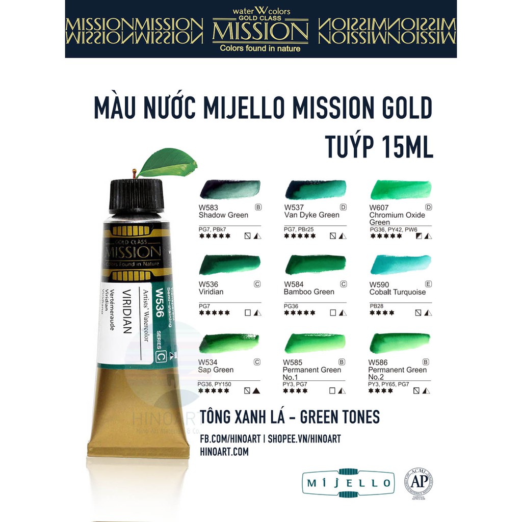 Tông xanh lá màu nước Mijello Mission Gold - tuýp 15ml lẻ